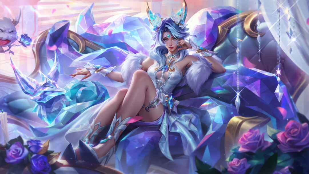 An exquisite 4K wallpaper featuring Ahri in her Crystal Rose skin, elegantly reclining on a magnificent throne crafted from sparkling, multi-faceted crystals in a luxurious, ethereal setting. The lavish display of luminous, gem-like crystals, reflecting vibrant hues of blues, purples, and teals, creates a dazzling, regal atmosphere with sparkling light effects.