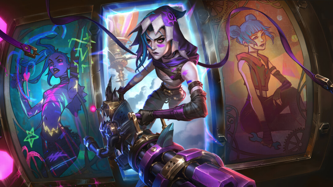 A visually arresting 4K wallpaper depicts the Arcane Fractured Jinx skin, with Jinx fiercely holding her large weapon as she stands before three illuminated panels that explore different facets of her identity. The central glowing panel showcases her intense gaze, flanked by a chaotic, graffiti-covered portrayal of her present self on the left and a nostalgic depiction of her younger, softer past on the right, all rendered with vivid, electrifying colors.