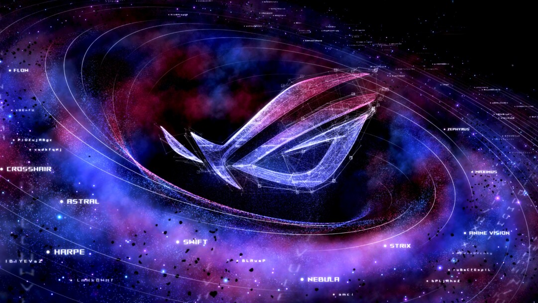 An immersive 4K wallpaper presents the dynamic ASUS ROG logo as the central supernova of a vast, digital gaming universe. Its glowing, particle-infused form transitions from electric pink to deep blue, surrounded by intricate orbital lines and shimmering cosmic dust that together radiate a futuristic, powerful energy.