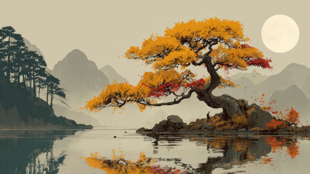 A serene 4K wallpaper depicts a vibrant autumn tree under a luminous full moon, set within a tranquil Japanese landscape. The deep oranges and reds of the foliage beautifully contrast with the soft glow of the moon, creating a peaceful scene characteristic of traditional Japanese art.