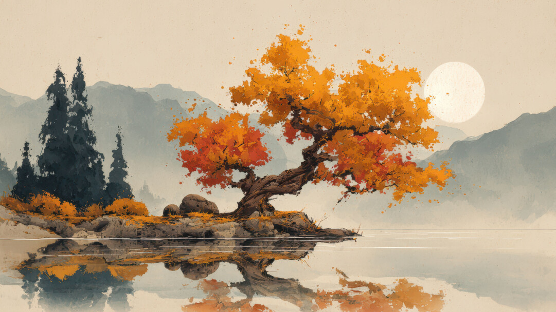 A vibrant 4K wallpaper showcases a magnificent autumn tree, rendered in a distinct Japanese art style, perched on a rocky island overlooking a serene lake. Its intensely colored orange and red leaves are beautifully reflected in the glassy water, creating a harmonious and tranquil scene under a soft, diffused sun.