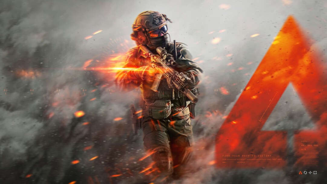 A dynamic 4K wallpaper showcasing a fully geared Battlefield 6 Assault Soldier advancing through a smoke-filled combat zone. Intense orange and red light bursts illuminate the soldier and their rifle, set against a backdrop of dust and a prominent fiery A logo, conveying a powerful and action-packed battle atmosphere.