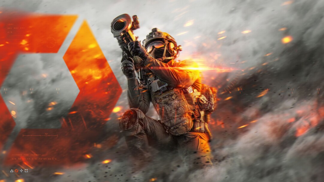 A searing 4K wallpaper captures a Battlefield 6 engineer in full tactical gear, kneeling and firing a heavy launcher amidst a chaotic, smoke-filled combat environment. Intense muzzle flash and fiery background explosions cast dynamic orange and red light across the scene, highlighting the urgency of battle.