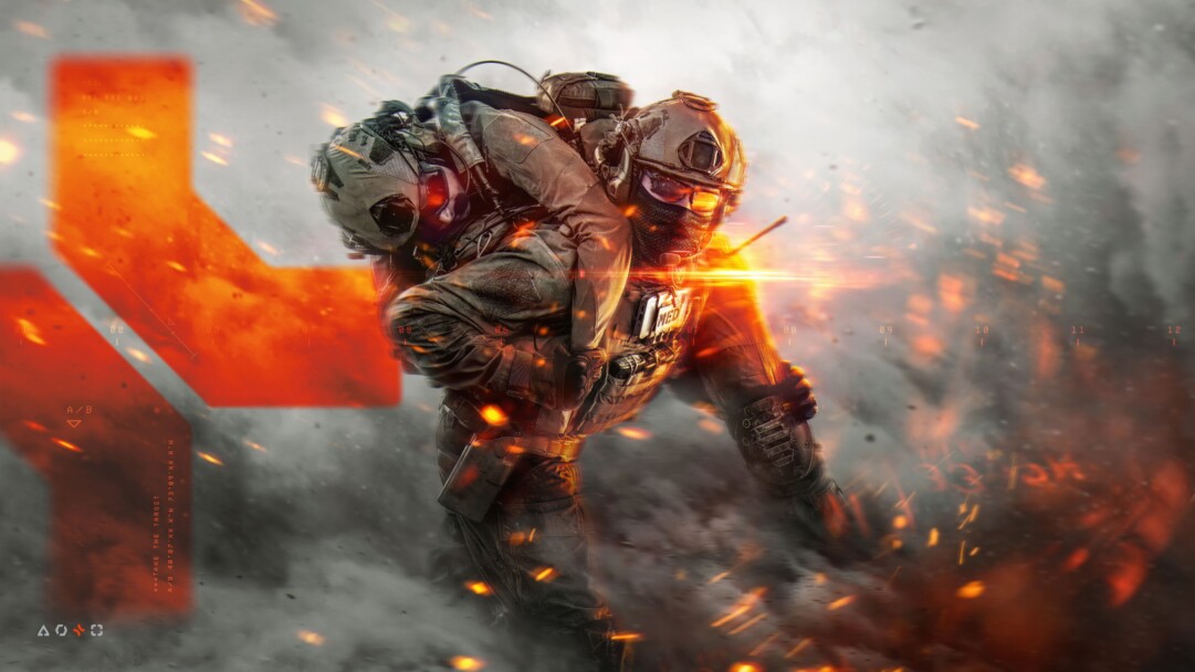 An immersive 4K wallpaper features a determined Battlefield 6 medic soldier, laden with tactical gear, actively supporting a fallen comrade through a smoke-choked battlefield. Vivid orange sparks and blinding lens flares pierce the dark smoke, creating an urgent and heroic mood amidst the chaotic combat.