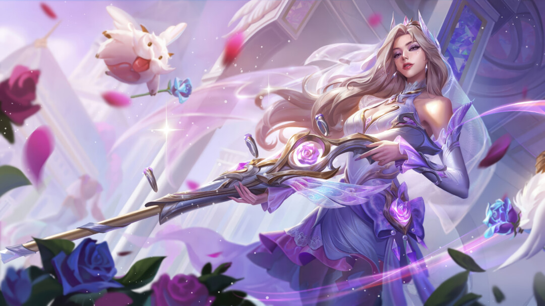 A captivating 4K wallpaper featuring Caitlyn in her elegant Crystal Rose skin, poised within a luminous, rose-filled crystal palace setting from League of Legends Wild Rift. The interplay of shimmering purples, soft whites, and golden accents, alongside floating rose petals and magical sparkles, creates a regal and ethereal mood.