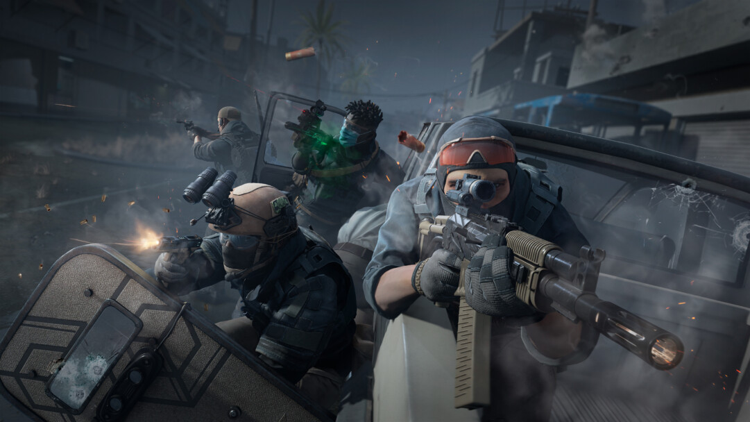 A thrilling 4K wallpaper depicting a specialized tactical unit engaged in a desperate urban gun battle, surrounded by the chaotic signs of ongoing combat. The scene is dominated by bright muzzle flashes, flying bullet casings, and laser sights, illustrating the lethal efficiency and impact of each weapon's caliber in the smoky, debris-filled environment.