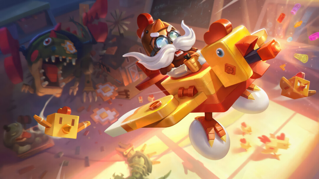 A playful 4K wallpaper depicting Corki in his Chicken Skin, a mustached pilot in a chicken-head helmet, bravely maneuvering his large, yellow chicken-shaped plane through a fantastical, toy-filled workshop. The dynamic golden light emanating from the right illuminates the colorful, blocky projectiles soaring from his plane, creating an energetic and imaginative battle against the whimsical toy monster in the background.