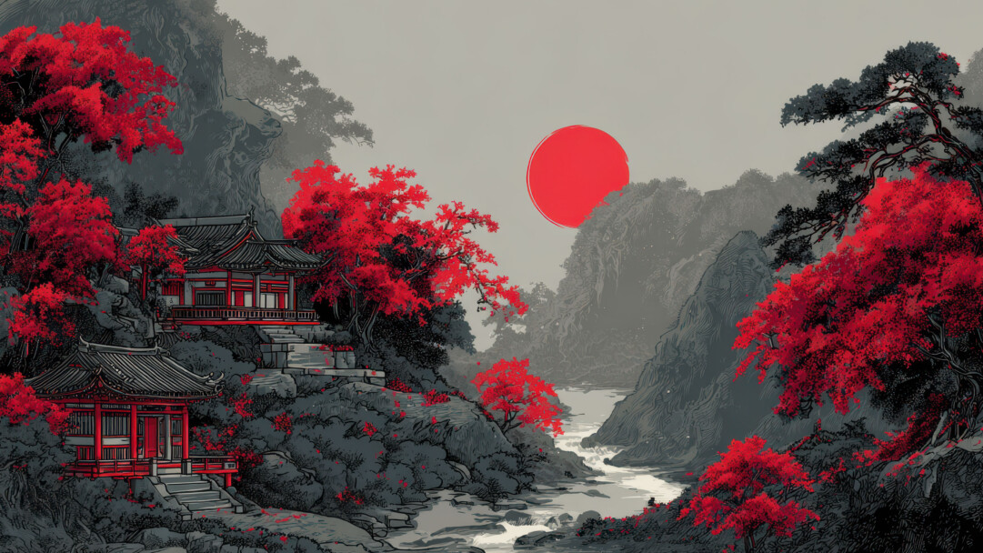 An evocative 4K wallpaper capturing two crimson temples nestled amidst a serene, mountainous landscape with a winding river. The stark contrast of the brilliant red foliage and a bold red sun against the muted grey mountains evokes a powerful and contemplative mood typical of traditional Japanese art.
