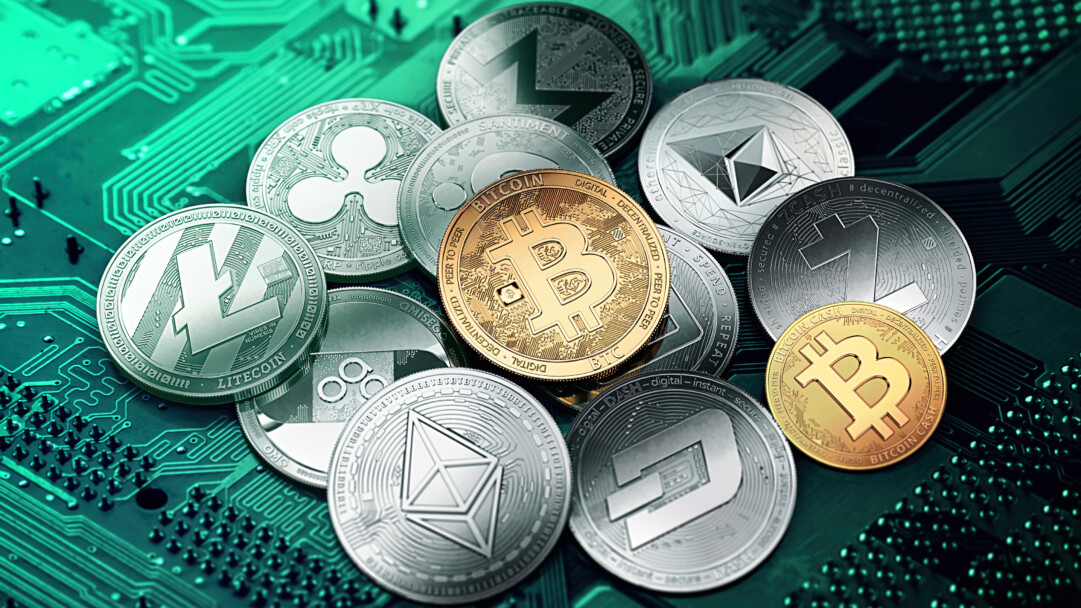A high-fidelity 4K wallpaper displaying a collection of diverse cryptocurrency coins, including prominent Bitcoin and Ethereum, resting on a vibrant, glowing green electronic circuit board. The metallic sheen of the coins, especially the golden Bitcoin, contrasts sharply with the intricate, luminous green pathways of the circuit board, evoking a mood of advanced digital finance.