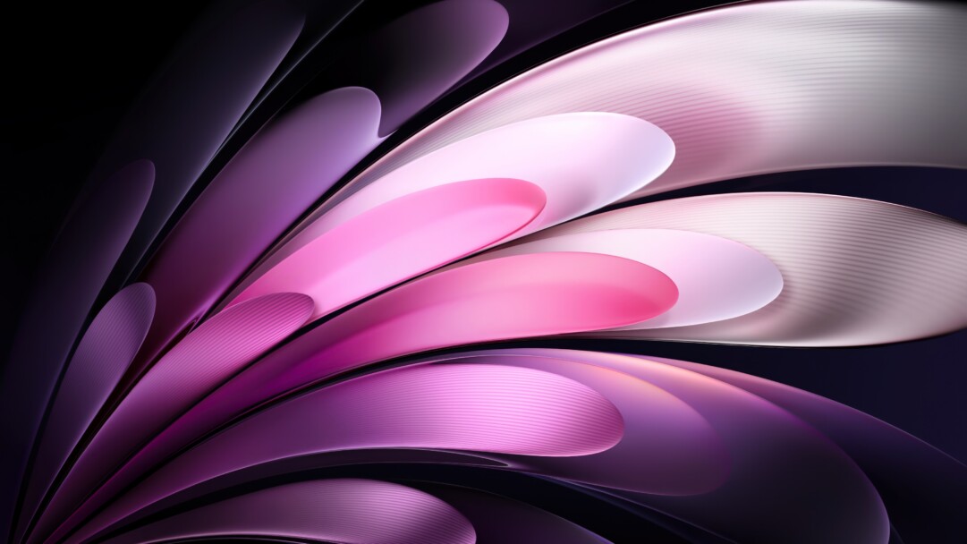 An exquisite 4K wallpaper presenting abstract flowing layers of rich pink and deep purple, emerging from a dark, ethereal setting. The vibrant pinks and lighter purples undulate gracefully, with subtle striations on certain bands adding texture, beautifully highlighted to emphasize their fluid, sculpted forms.