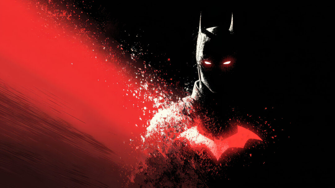 A dramatic 4K wallpaper featuring a dark, silhouetted Batman emerging from a chaotic field of red light and debris on a black background. His glowing red eyes and the prominent red Bat-symbol on his chest provide intense focal points, creating a powerful and mysterious mood.