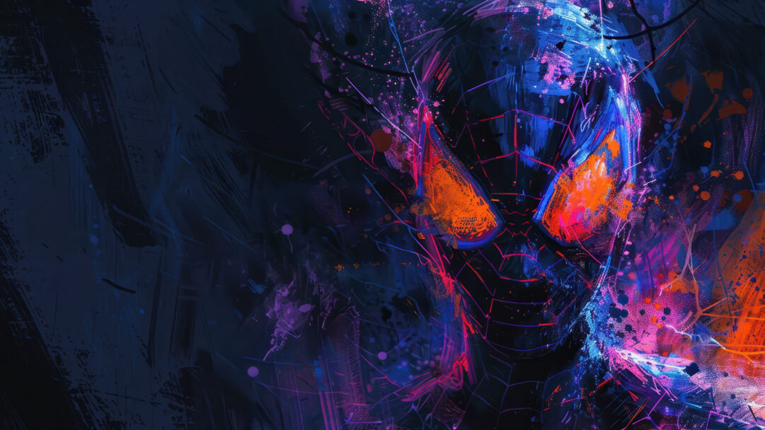 A dramatic 4K wallpaper showcases a close-up of Spider-Man’s mask, rendered as dynamic digital art amidst a chaotic, abstract setting. Intense, glowing orange eyes pierce through a swirl of electric blues, purples, and vibrant pink paint strokes, creating an energetic and powerful mood.