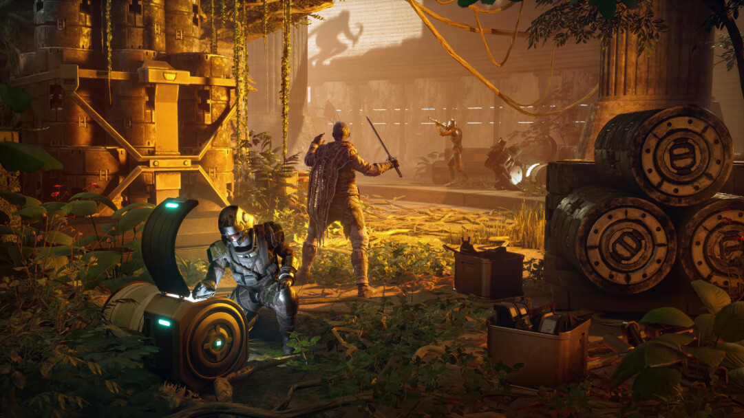A dramatic 4K wallpaper showcasing multiple armored figures engaged in a tense moment within an overgrown, ancient sci-fi complex. Warm, golden light permeates the scene, highlighting intricate architectural details, lush foliage, and a large, imposing shadow on the distant wall, creating an atmosphere of mysterious danger and discovery.
