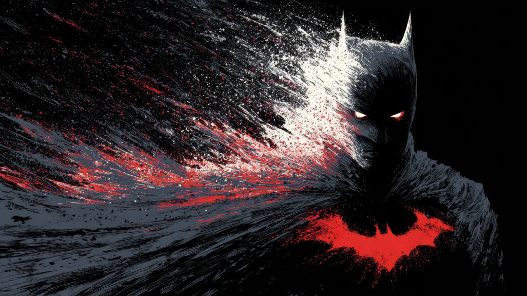 A commanding 4K wallpaper presents Batman, rendered in a dynamic splatter art style, emerging from a dark, abstract setting. His powerful, shadowy form, detailed with white and red splatters that imply motion, is highlighted by glowing red eyes and a prominently splattered red bat symbol on his chest.