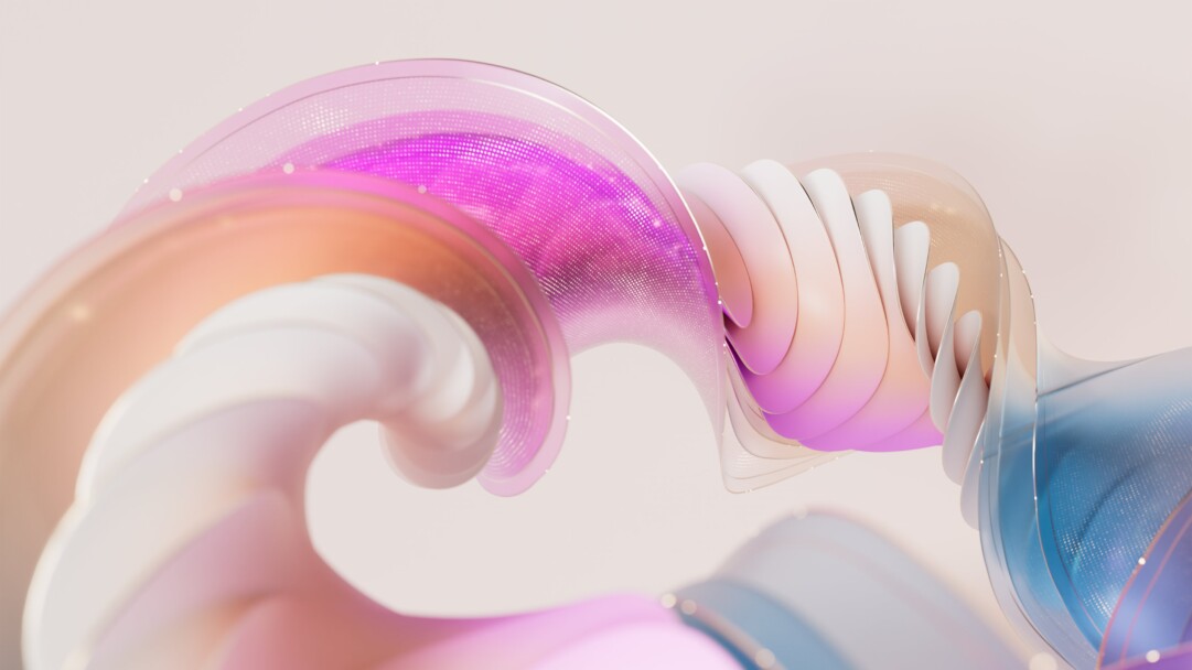 An elegant 4K wallpaper showcasing a graceful 3D twisted ribbon, unfolding in soft pastel gradients against a light, airy background. Its undulating forms display shimmering sections of vibrant magenta and cool blue, interspersed with creamy white and delicate peach tones, creating a serene and sophisticated abstract composition.