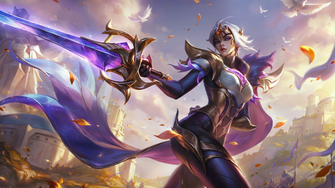 A triumphant 4K wallpaper showcasing Fiora in her Victorious skin, gracefully wielding a luminous sword amidst a golden-lit landscape with grand, sun-kissed structures. The striking interplay of her glowing purple blade and flowing cape against the soft, warm hues of the sky and falling leaves creates a majestic and victorious mood.