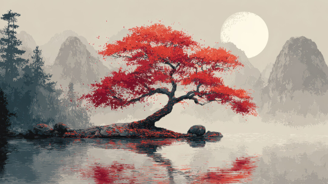 A magical 4K wallpaper showcases a vibrant red tree standing prominently on the edge of a serene lake, beneath a large full moon in a misty Japanese art landscape. The tree's fiery red foliage strikingly contrasts with the ethereal grey mist and the gentle glow of the full moon, creating a tranquil yet dramatic mood perfectly reflected on the still water.