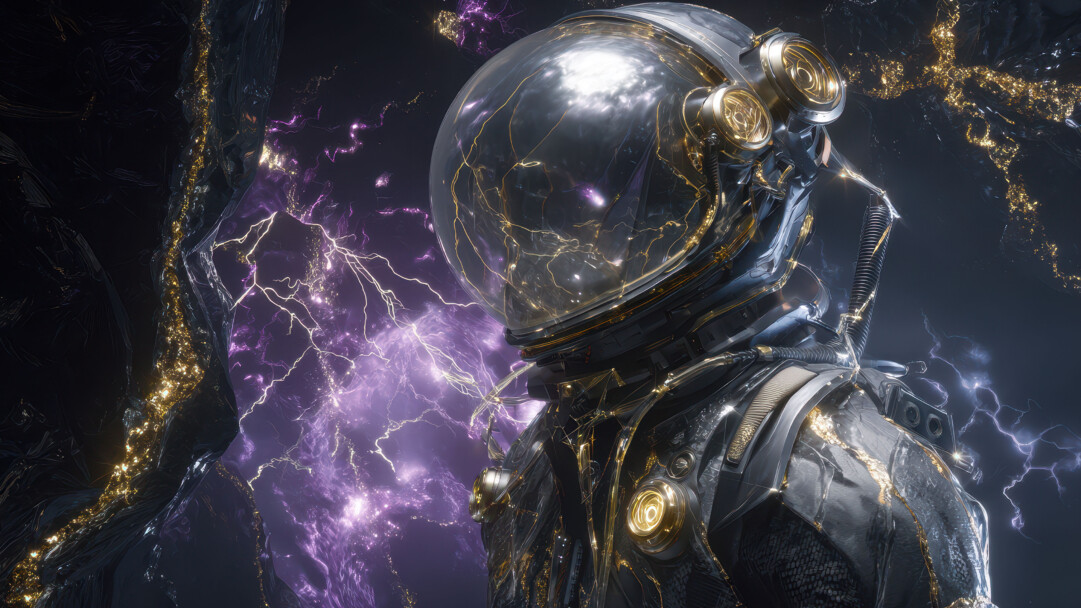 A captivating 4K wallpaper showcases a futuristic astronaut, adorned with intricate gold lines across its sleek suit and reflective helmet, poised within a dynamic swirl of intense purple lightning, creating a mesmerizing AI wallpaper. The striking interplay of luminous gold accents against the dark metallic textures and the electrifying purple energy imbues the scene with a powerful, otherworldly ambiance.