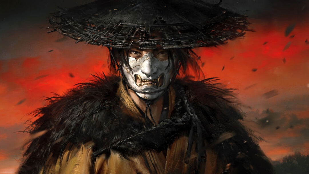 A haunting 4K wallpaper depicting the Ghost of Yotei Atsu, a masked figure in a wide straw hat and dark fur mantle, poised against a tumultuous, fiery red sky. The cracked white mask, featuring menacing fangs and piercing eyes, dominates the frame, creating an intensely powerful and mysterious mood.