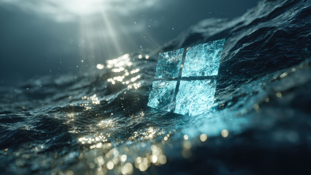 An ethereal 4K wallpaper showcases a luminous, crystalline Windows logo partially submerged in turbulent, dark water under bright rays of light. Brilliant sun rays pierce the surface, creating dazzling golden bokeh across the dark, undulating water, which contrasts with the logo's cool, electric blue glow, evoking a powerful sense of digital depth.