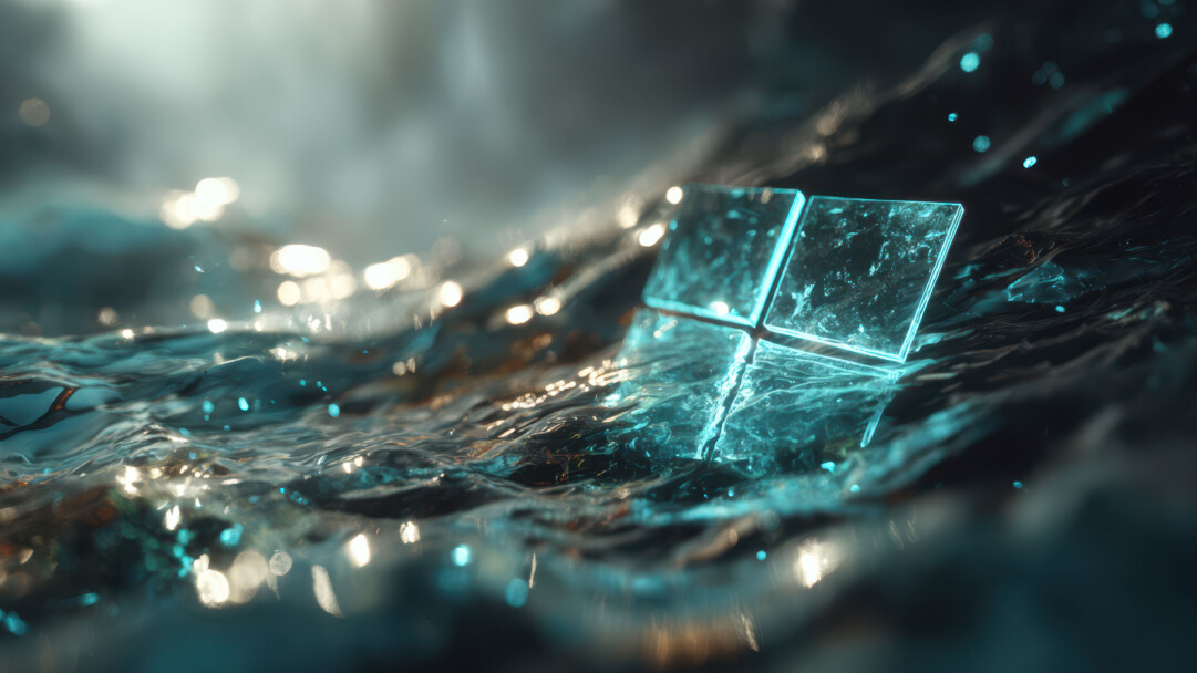 A magical 4K wallpaper of a glowing, ethereal Windows logo submerged in a dark, rippling body of water. Its vibrant cyan light illuminates the surrounding turbulent liquid, creating a mesmerizing interplay with shimmering bokeh lights that evokes an ethereal, futuristic mood.