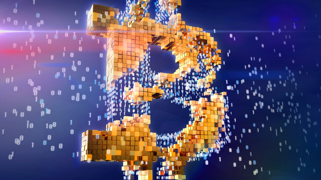 A dynamic 4K wallpaper visualizing a large, golden Bitcoin symbol composed of many small cubes, set against a deep blue, digital realm filled with floating binary code. The symbol's blocky golden texture contrasts with the ethereal blue and white binary digits swirling around it, enhanced by vibrant light flares that emphasize the flow of digital information and value.