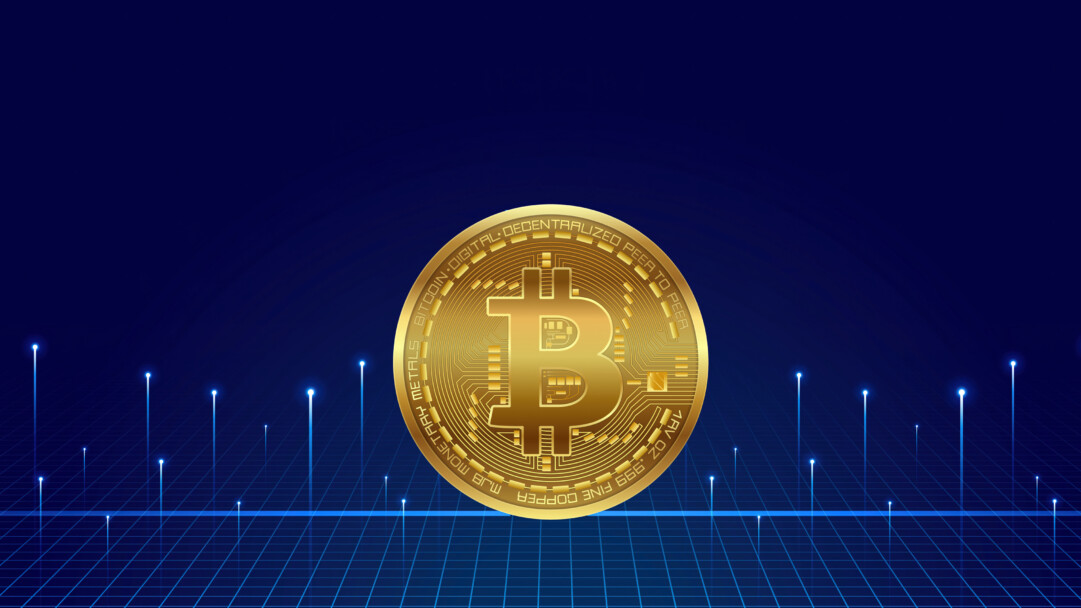A captivating 4K wallpaper features a brilliant golden Bitcoin coin shining prominently against a deep blue background. The coin rests upon an illuminated futuristic digital grid, where glowing blue lines and ascending light points evoke technological advancement and connectivity.