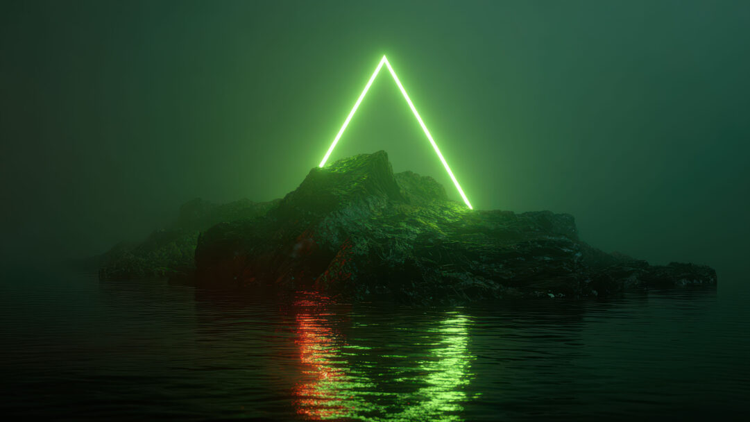 A mystical 4K wallpaper of a rugged island, crowned by a brilliant green neon triangle, situated in tranquil, dark waters. The intense green glow of the triangle casts a vivid, almost liquid reflection across the dark, rippling water, punctuated by subtle crimson highlights, creating an otherworldly and immersive ambiance.