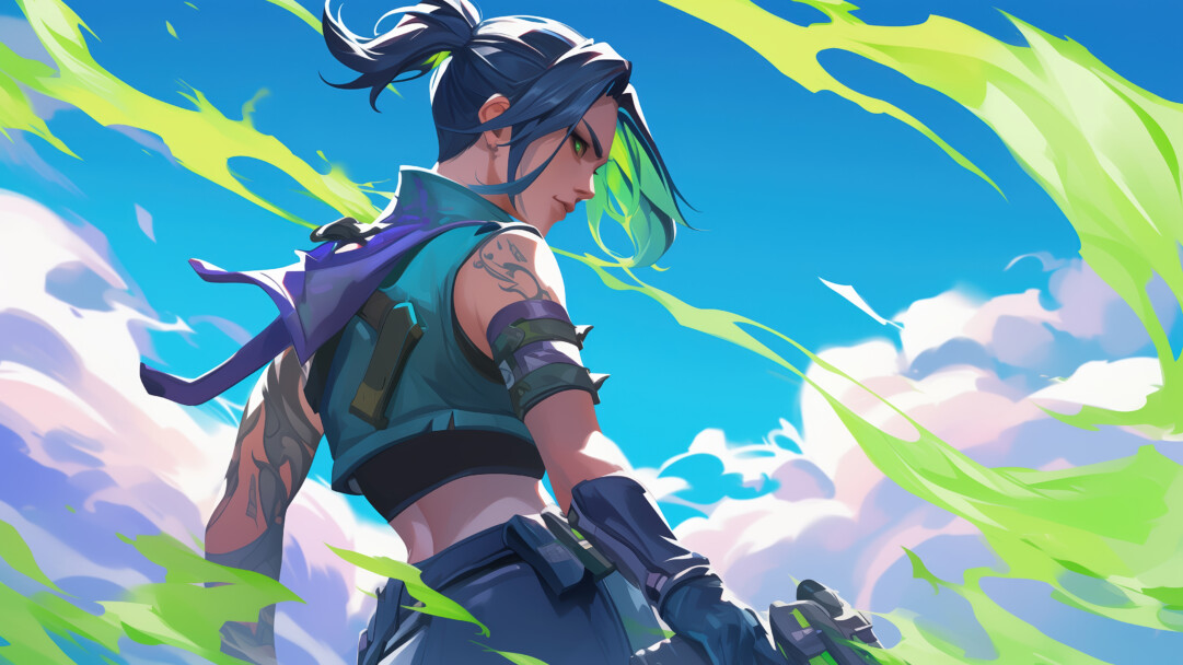 A vibrant 4K wallpaper showcasing Jett from Valorant, depicted from the waist up, looking back over her shoulder against a brilliant blue sky with soft, stylized clouds. Dynamic neon green energy streaks swirl around her, highlighting her agile movement and powerful presence.