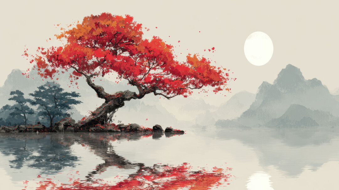 A magical 4K wallpaper portrays a magnificent red tree situated on a rocky lakeside, evoking the serene beauty of traditional Japanese art. The tree's vibrant crimson leaves are mirrored perfectly in the calm water, creating a striking visual harmony with the distant, subtly rendered mountains and large pale moon, contributing to a tranquil and contemplative mood.