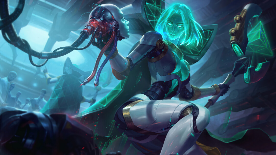 A futuristic 4K wallpaper depicting Leblanc in her Program Skin Rework, a cybernetic sorceress, poised dynamically within a dimly lit, high-tech laboratory. Her glowing cyan, wireframe form, particularly her holographic face and hair, intensely contrasts with the dark, industrial surroundings, as she holds a detached robotic head with glowing red wires.