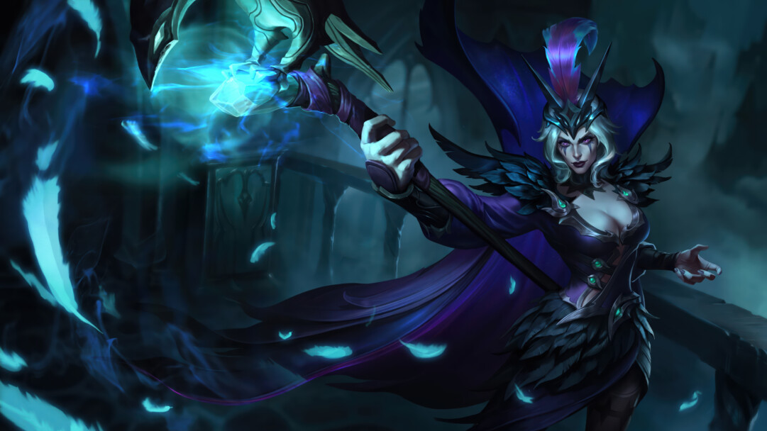 A magical 4K wallpaper of Leblanc in her reimagined Ravenborn skin, a formidable sorceress standing commandingly within a dark, ancient setting. Vibrant teal magical energy and glowing raven feathers swirl dynamically around her staff, illuminating the scene and emphasizing her ominous power.