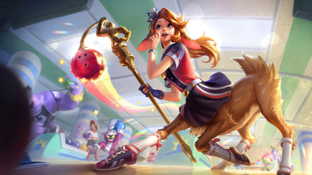 A whimsical 4K wallpaper captures Lillia from League of Legends in her Bowling League skin, dynamically poised to bowl in a vibrant, fantastical bowling alley. Her staff's bowling ball trails a dazzling rainbow and sparkling stars, imbuing the scene with a magical, energetic glow.
