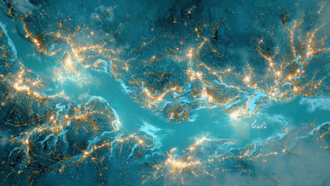 An enchanting 4K wallpaper of luminous blue water flowing like a vast river or intricate network, surrounded by myriad sparkling golden lights. The striking interplay between the glowing aqua currents and the myriad golden points creates a mesmerizing, otherworldly landscape.