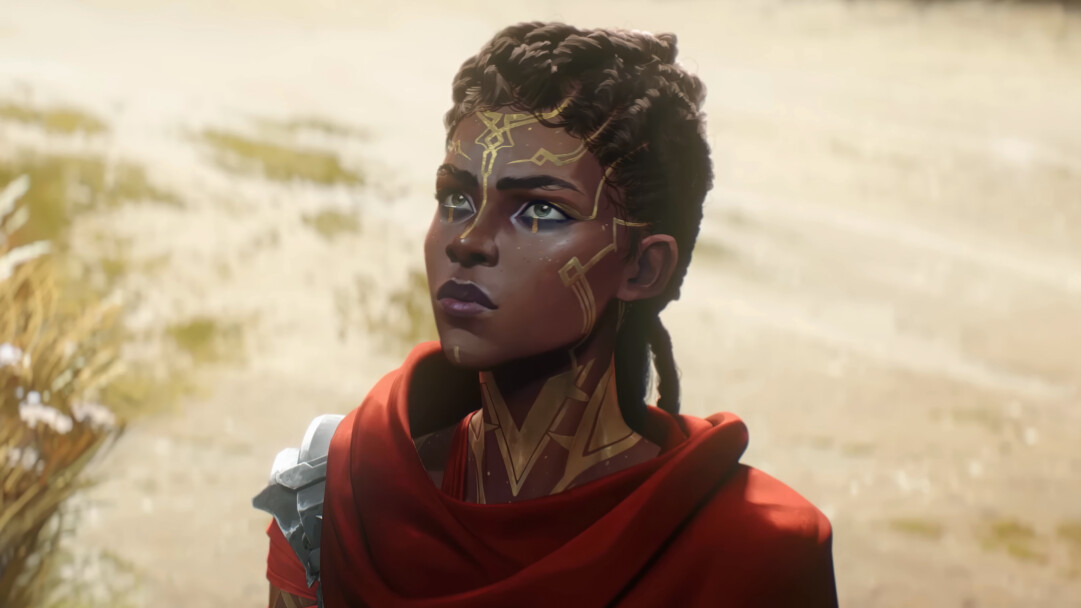 A vibrant 4K wallpaper showcases Mel, the enigmatic character, standing pensively in a sprawling, sun-baked landscape, reflecting her welcome to Noxus. Her intricate gold face markings and rich red cloak create a stunning contrast, highlighting her composed yet observant demeanor against the muted environment.