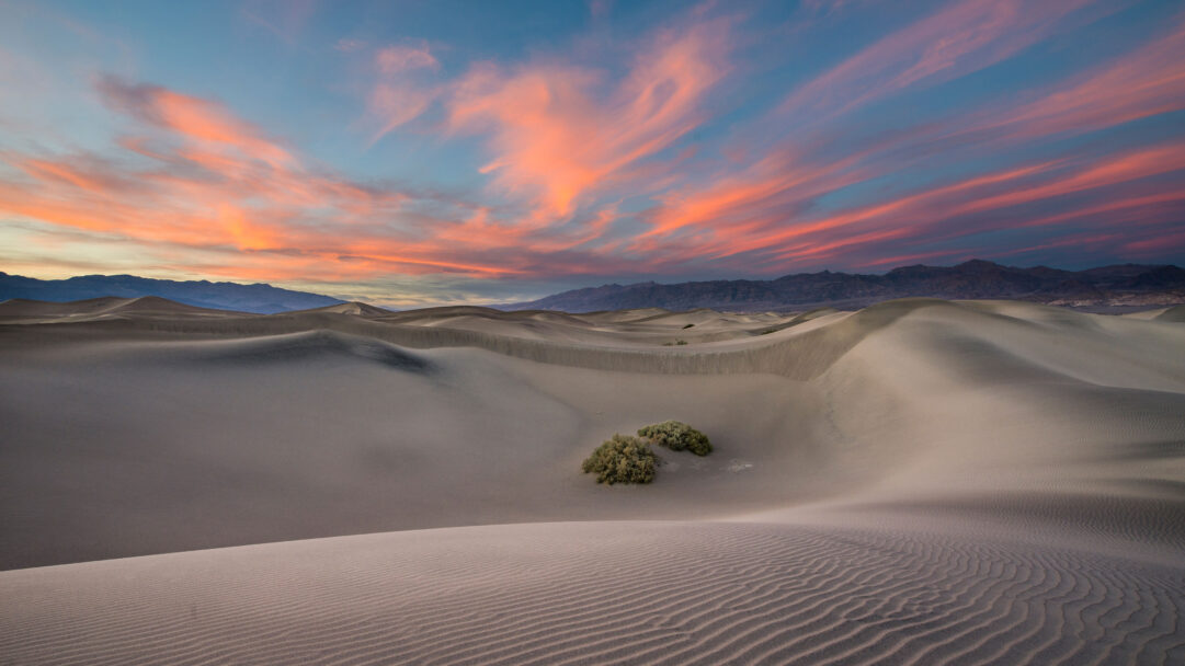 A stunning 4K wallpaper featuring the Mesquite Flat Sand Dunes in Death Valley National Park, California, bathed in sunset light. The sky glows with vibrant orange and pink clouds above the undulating sand dunes, whose intricate ripples cast long, soft shadows, creating a serene and vast desert landscape.