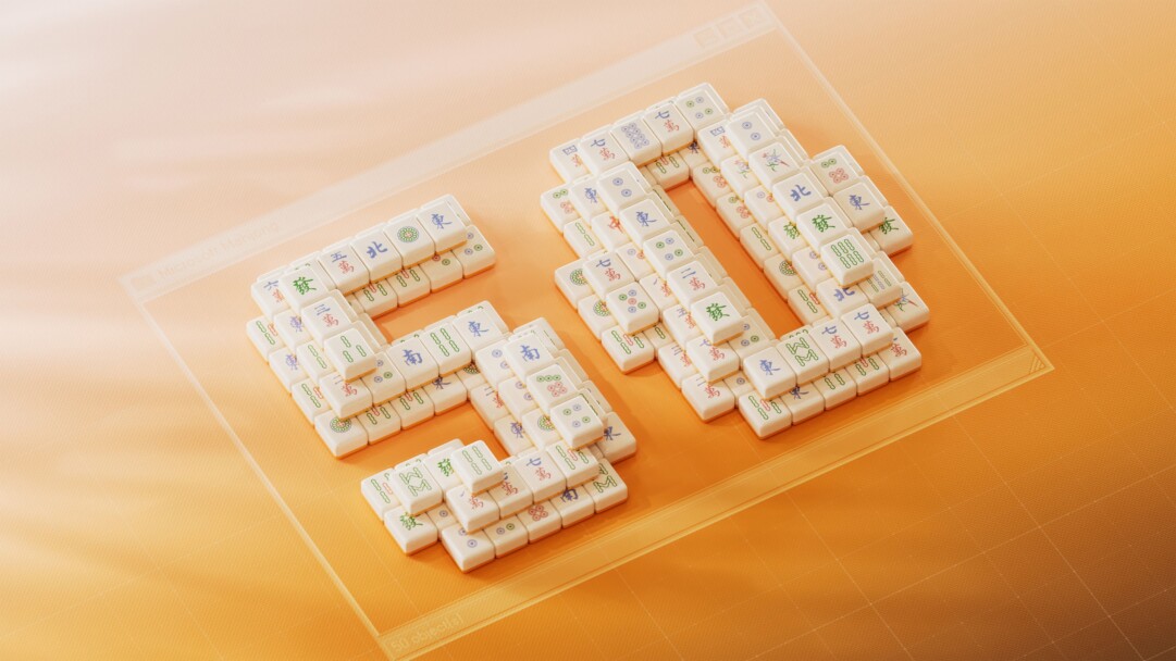 A celebratory 4K wallpaper featuring intricately arranged white Mahjong tiles forming the number '50' within a translucent game window, set against a warm, textured golden-orange background. The luminous tiles with their vibrant characters and patterns glow softly, highlighting the golden anniversary theme with a blend of tradition and digital elegance. Microsoft Mahjong game tiles are precisely arranged within a translucent digital window, forming the number 50 to celebrate a golden anniversary. The detailed white tiles, adorned with traditional Chinese characters and colorful patterns, represent a creative digital milestone for the game.