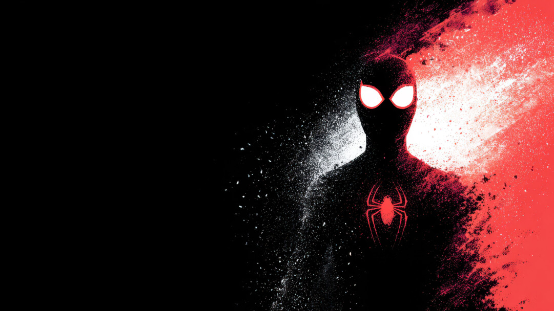An electrifying 4K wallpaper presenting a minimalist, high-contrast silhouette of Miles Morales emerging from a dynamic burst of color against a stark black background. His iconic red spider emblem and glowing white eyes stand out, while a vibrant explosion of red and white particles defines the scene's intense energy.