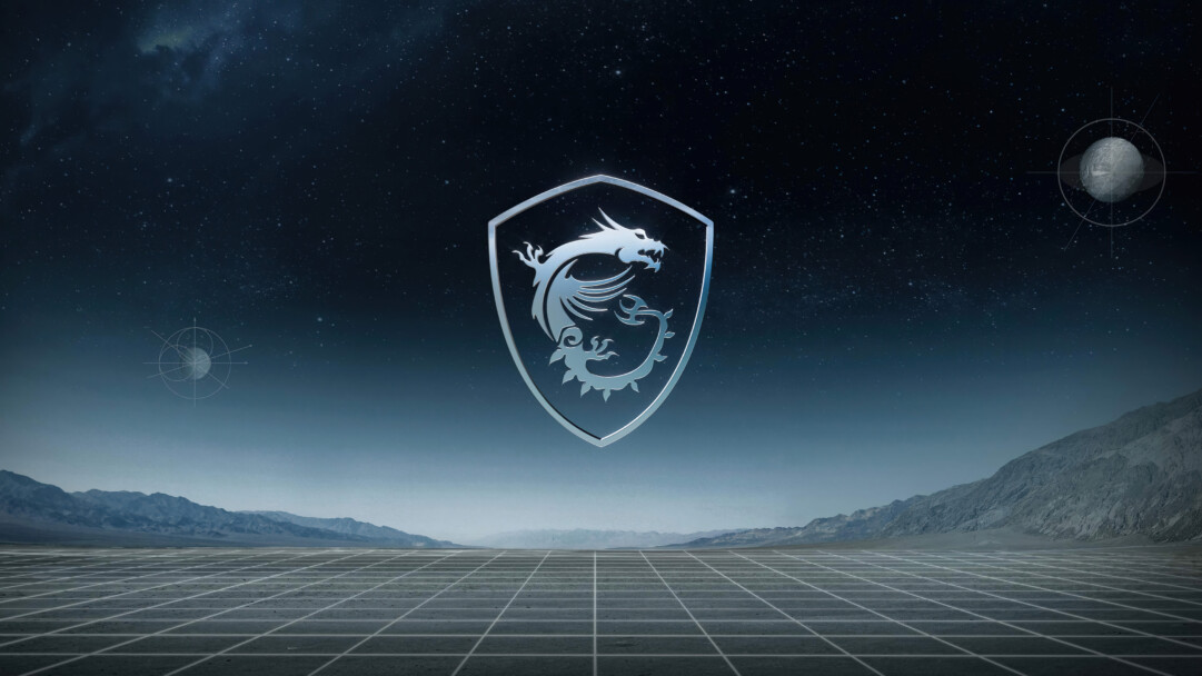 A captivating 4K wallpaper unveils the metallic MSI Dragon logo suspended above a vast, desolate futuristic alien landscape. The glowing grid pattern on the dark ground and the distant, subtle celestial bodies emphasize the blend of advanced technology with an otherworldly cosmic environment.