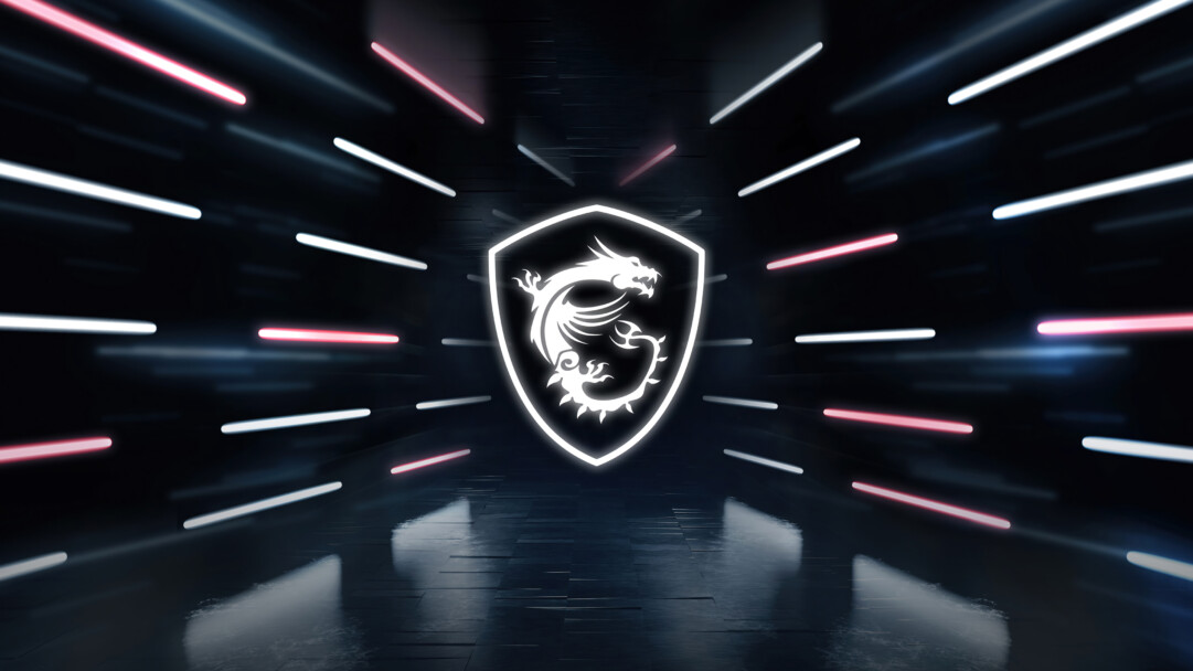 A dynamic 4K wallpaper showcasing the glowing white MSI Gaming Dragon logo, centered within a shield in a dark, futuristic tunnel. The bold, illuminated shield stands out against the backdrop of streaking red and white light beams, creating a powerful sense of speed and high-tech gaming energy.
