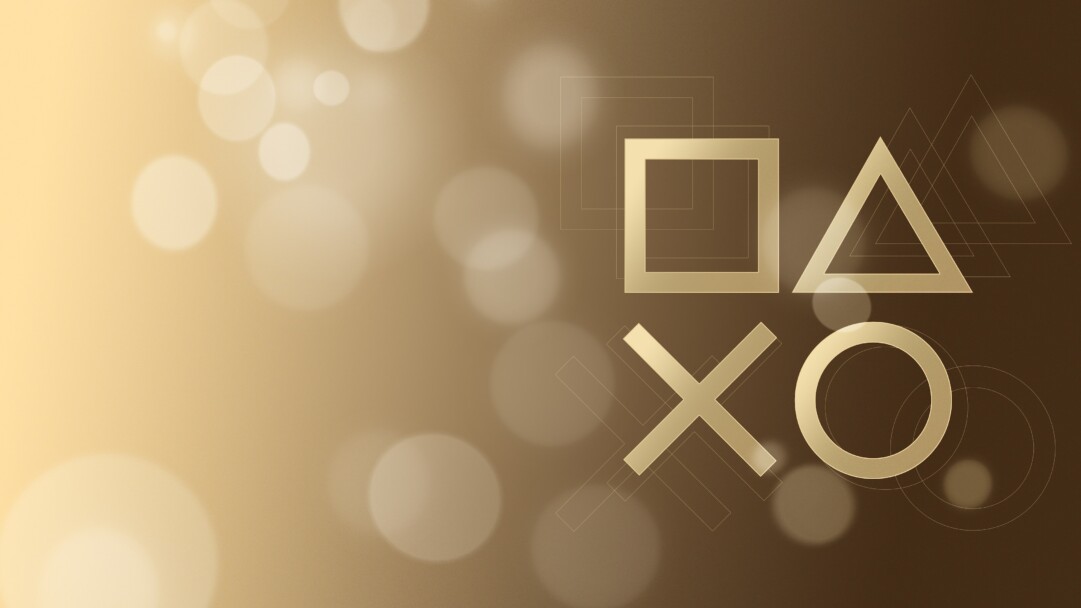 A sleek 4K wallpaper featuring the iconic PlayStation gaming symbols rendered in shimmering gold. The symbols stand prominently on a sophisticated gradient background that transitions from bright golden light to deep, premium brown, enhanced by soft bokeh effects that define its luxurious mood.