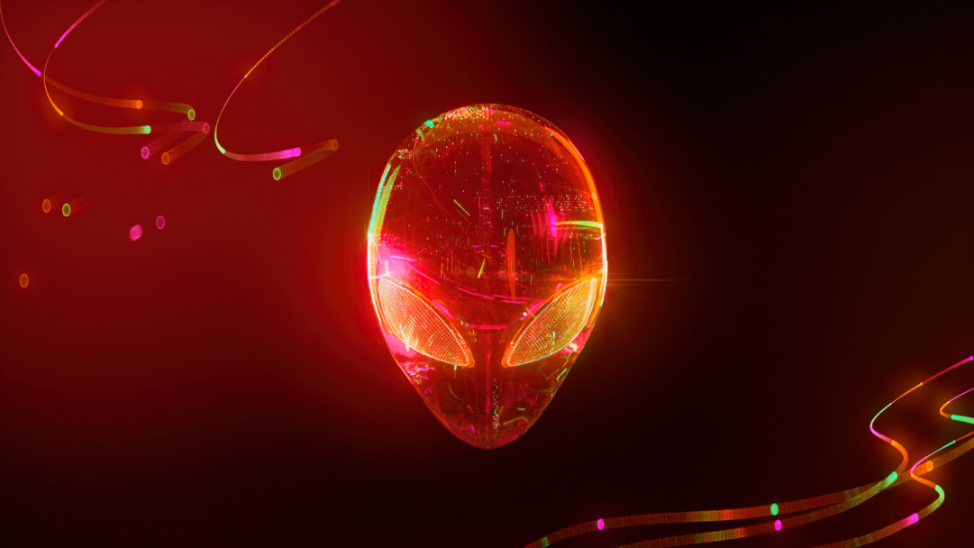 A dynamic 4K wallpaper presents a glowing, translucent red Alienware alien head logo floating prominently against a gradient deep red and black abstract background. The logo radiates with internal light, revealing intricate circuitry-like patterns, while vibrant neon streams of pink, orange, and green energy swirl around it, creating an immersive, futuristic gaming atmosphere.