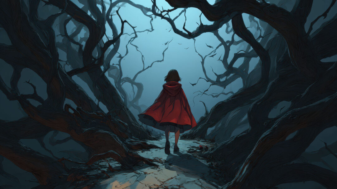 An enigmatic 4K wallpaper presents a digital art scene of a solitary figure in a vivid red cloak walking deeper into a dark, gnarled forest. The vibrant crimson of the cloak starkly contrasts with the shadowy, twisted trees and the pale, misty light at the path's end, evoking a sense of mysterious journey.
