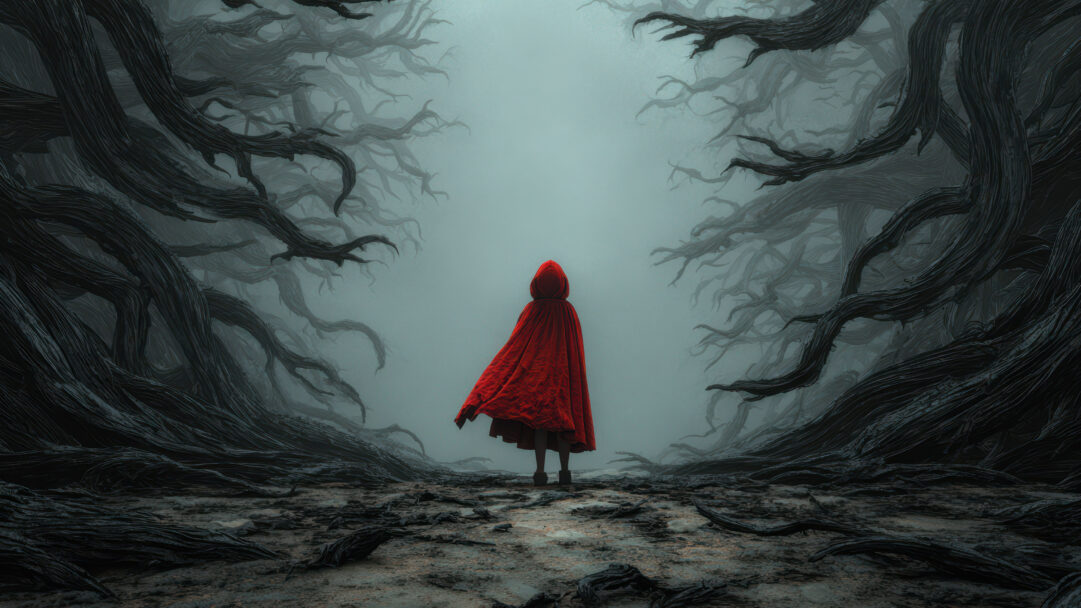 An immersive 4K wallpaper features a solitary figure in a flowing red cloak embarking on a journey through a dense, shadowy forest, a landscape crafted as intricate digital art. The stark contrast of the vibrant red against the oppressive, muted grays and deep blacks of the tangled branches creates a sense of mysterious solitude and epic adventure.