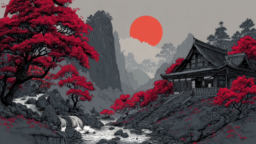 A majestic 4K wallpaper featuring a traditional Japanese art landscape, with a dark-roofed temple nestled on a verdant hillside covered in vibrant red foliage, alongside a winding stream and towering gray mountains. A large, fiery red sun dominates the serene grayscale sky, casting an ethereal glow that accentuates the striking crimson leaves and creates a powerful, contemplative mood.