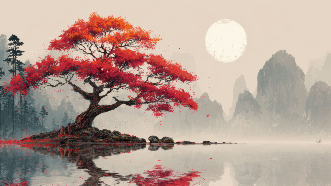 A captivating 4K wallpaper featuring a majestic red-leafed tree, evocative of classic Japanese art, rooted on a rocky lakeside shore under a large, soft moon and flanked by distant misty mountains. The tree's vibrant crimson foliage creates a striking contrast against the muted, ethereal landscape, with its fiery leaves scattering onto the reflective water surface, adding a poetic, tranquil beauty.