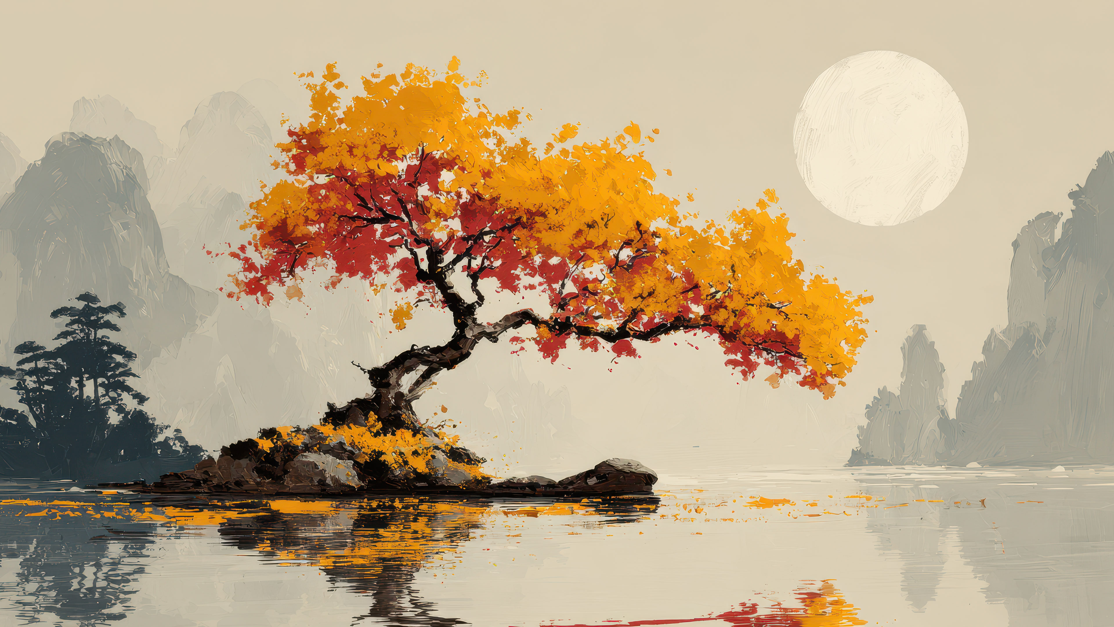 Serene Autumn Bonsai Tree By Moonlit Lake Japanese Art - Free 4K