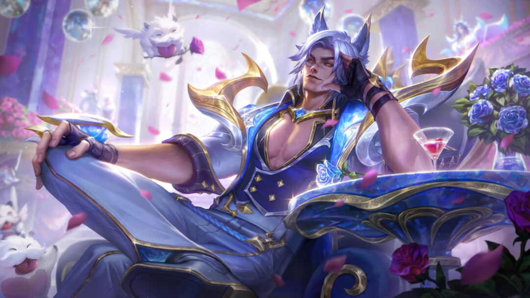 A dazzling 4K wallpaper showcases Sett in his Crystal Rose skin, lounging confidently in an opulent, romantic setting adorned with blue roses and shimmering light. His intricate blue and gold attire, detailed with sparkling crystals, perfectly complements the ethereal purple and pink lighting and falling rose petals, evoking a lavish and magical atmosphere.
