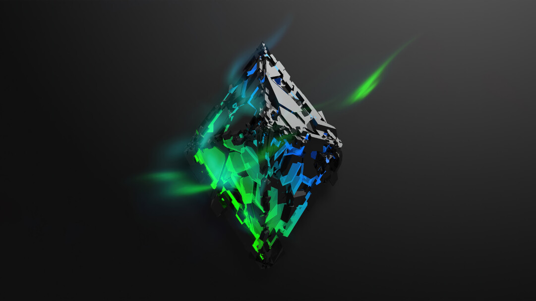 A captivating 4K wallpaper featuring a shattered Ethereum diamond digital art piece, suspended dynamically against a deep, dark background. Vibrant neon green and electric blue light intensely glows from within its fractured core, illuminating fragmented black and metallic grey pieces and creating a powerful, ethereal glow that defines the image's futuristic mood.