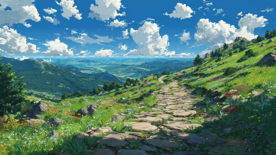 A breathtaking 4K wallpaper showcases a winding stone road leading up a vibrant green mountainside, overlooking a sweeping mountain valley. The crisp, clear blue sky dotted with fluffy white clouds, characteristic of an anime landscape, creates a serene and expansive mood, inviting exploration.